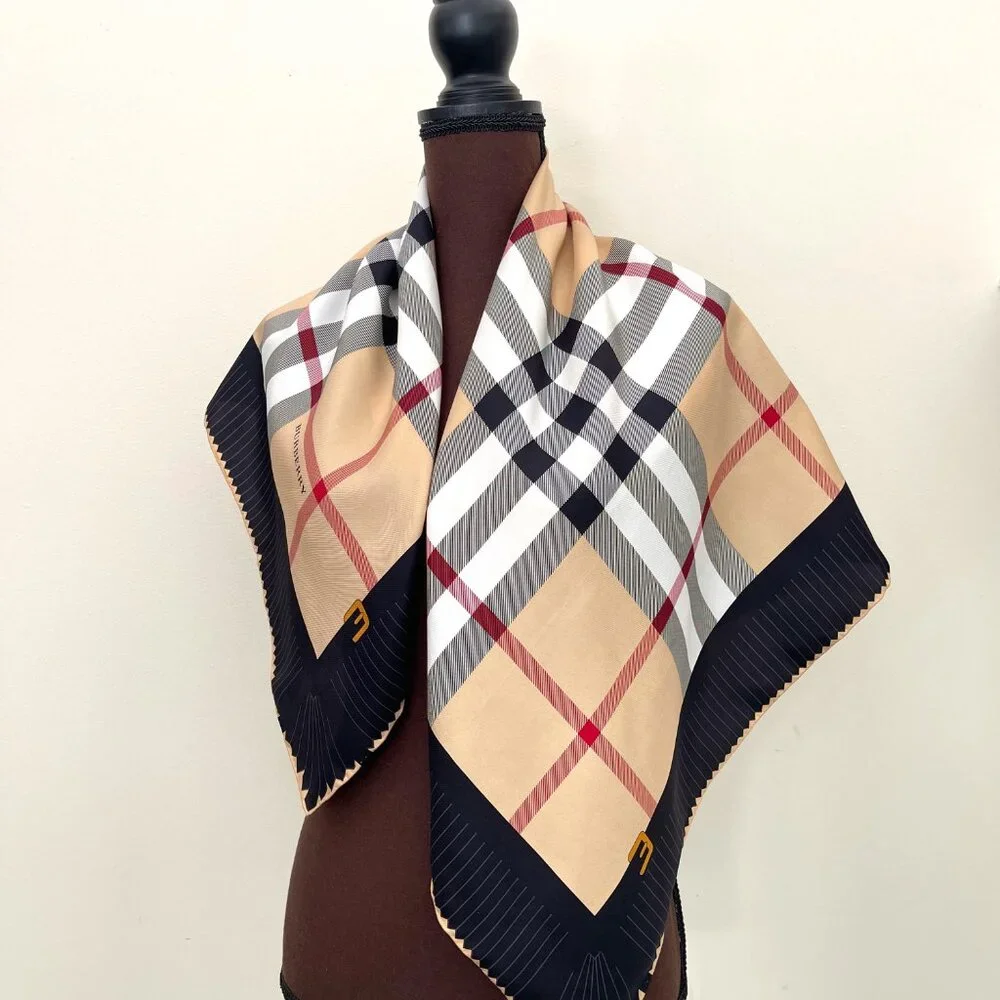 New Burberry Scarf House Check Beige Black Border Silk Scarf Wrap - Picture 13 of 14
